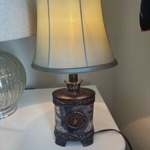 Elegant Bronze and Silver Small Table Lamp with elegant blue Shade